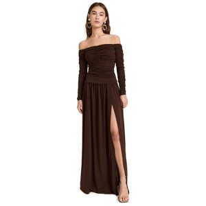 Tanya Taylor Marla Ruched Maxi Fit and Flare Dress Off Shoulder Mocha